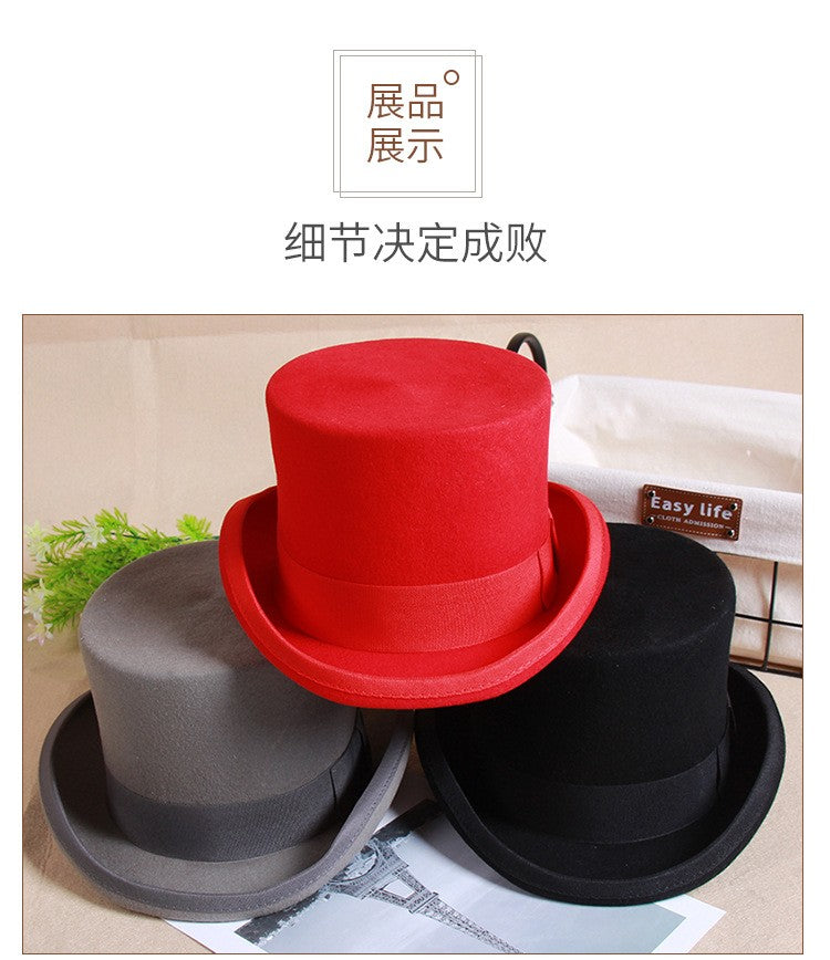 2024 Wool Flat Man Top Hat Fashion Fedora Hats Versatile Panama Magician Cap Gentleman Cylinder Strap Steampunk Unisex Elegant