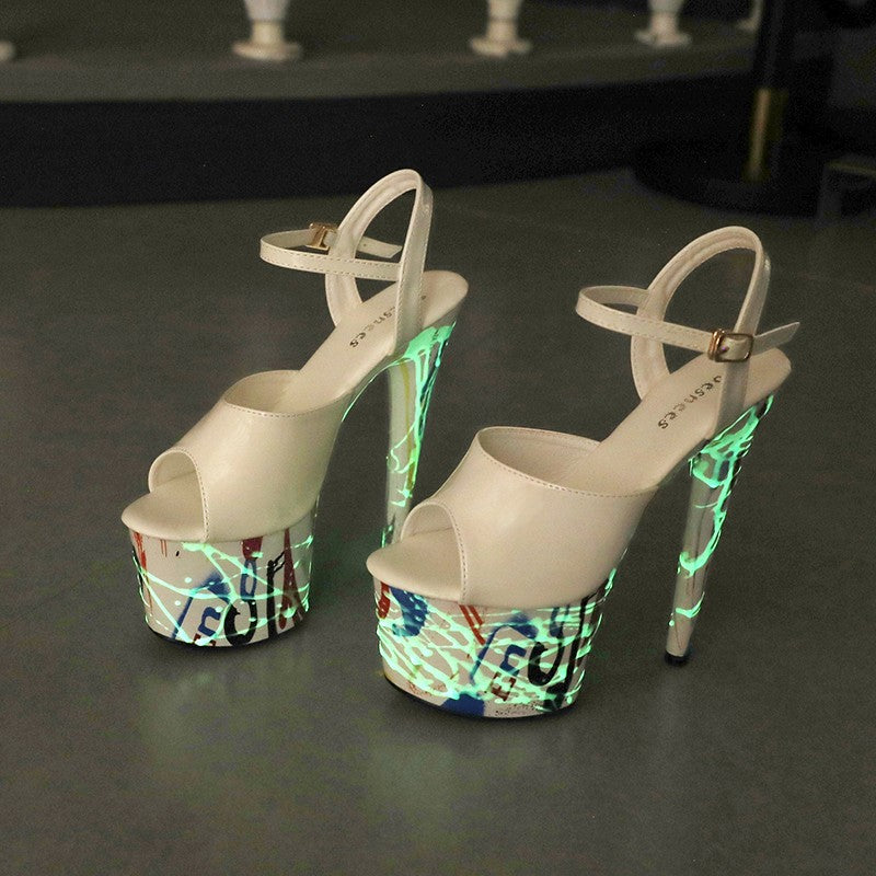 17CM Summer Shoes Women luxury Sandals Platform Ladies Shoes Stripper Womens High Heels Geometric Fluorescent Night light Heels