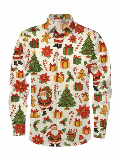 Christmas Men's 3D Printed Formal Shirt Santa Claus Elk Pattern Long Sleeve Shirt Fashion Men's Shirt