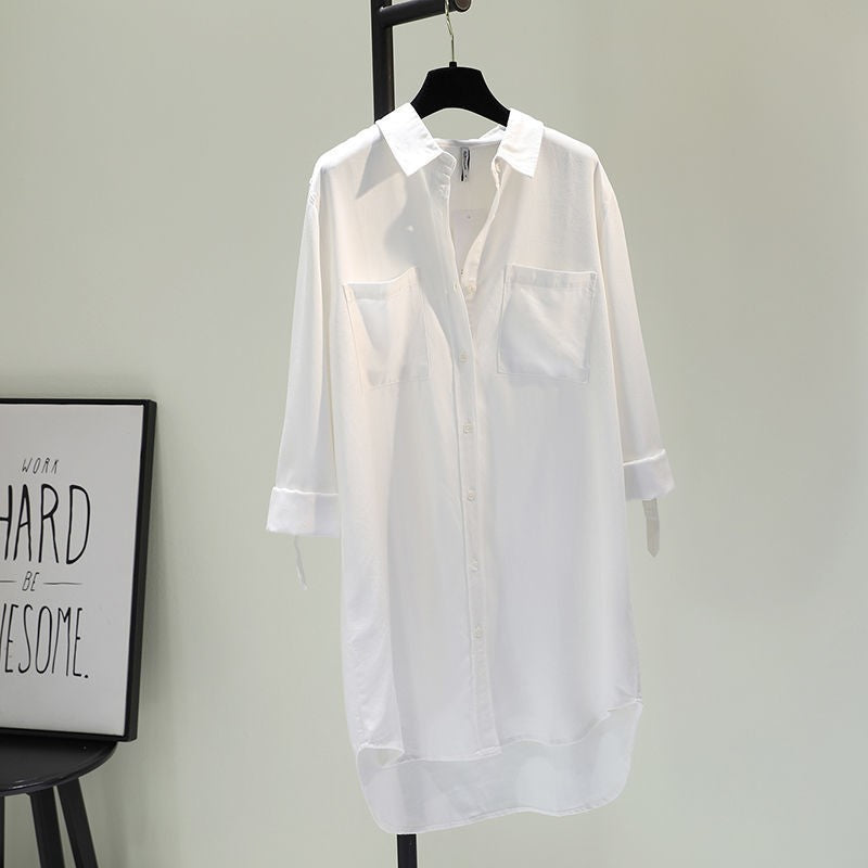 Fashion Women's Clothing Shirt Medium Long Containing Cotton Shirt Loose Fit Long Sleeve Double Pocket Rolled Sleeve Thin Blouse