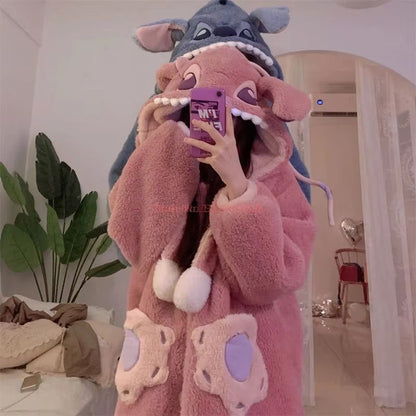 Robe de Dormir Unissex Disney Stitch Forrada de Lã Quente, Roupa de Casa, Robe de Material Macio, Conjunto de Pijama Masculino Feminino, Robe de Lã Coral de Inverno, Brinquedos