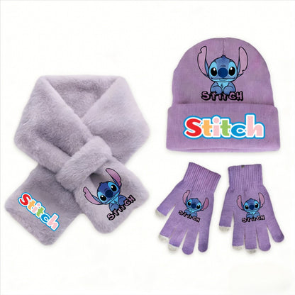 Conjunto de 3 peças de chapéu, cachecol e luvas de malha de inverno Stitch Disney Kawaii quente para meninas Acessórios casuais de moda infantil presente de Natal perfeito
