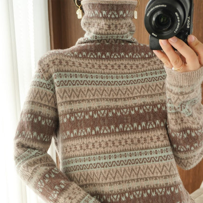 Autumn and Winter New 100% Wool Cashmere Sweater Women's High Neck Pullover Casual Knitted Loose Korean Fashion Color Block Top