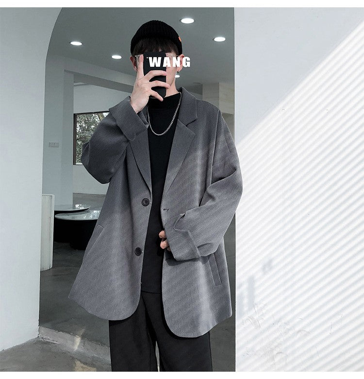Autumn Men's Casual Solid Color Blazer Korean Style Business Single Trendy Oversize Business Suit Jackets Retro Daily Streetwear