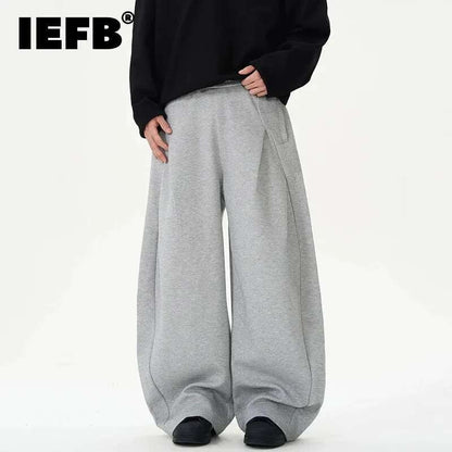 IEFB Pleated Design Men's Casual Pants Solid Color Elastic Waist Wide Leg Sweatpants Silhouette All-match Male Bottom New 9W1052
