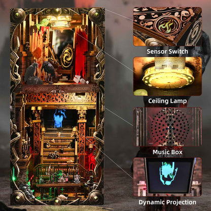DIY Book Nook Kit Hotel of Terror Wooden Bookshop Dollhouse with Light Dynamic Video Bookshelf Insert 3D Puzzle Decor for Gift