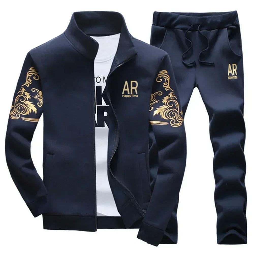 Winter Men's Sports Suit with Fleece and Warm Standing Collar Jacket+men's Drawstring Sports Pants Fashionable Printed Men's Set