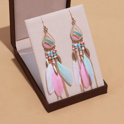 Brincos femininos longos de pena estilo boho, praia, com borla longa, miçangas, flores artesanais esmaltadas, para noiva, casamento, Pendientes Mujer