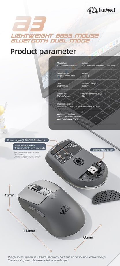 FREEWOLF A3 Wireless Silent Mouse ABS Pink Skin Not Fade Bluetooth Dual Mode Power Linght,5-Speed DPI,PAW3212 Chip Silent Design