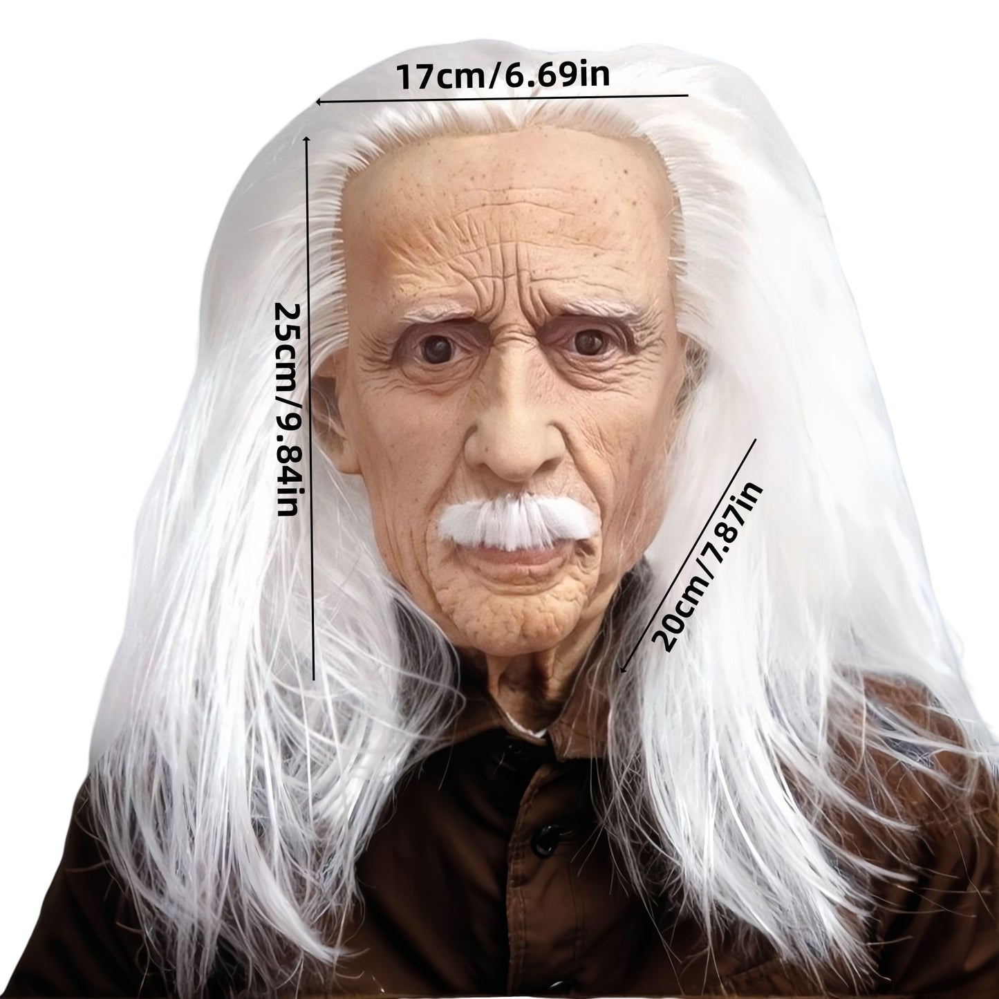 Realistic Old Man Latex Mask with Long White Hair & Mustache – Full Head Cosplay Helmet for Halloween Costume Party Props