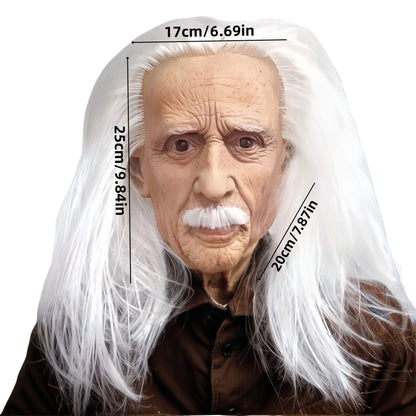 Realistic Old Man Latex Mask with Long White Hair & Mustache – Full Head Cosplay Helmet for Halloween Costume Party Props