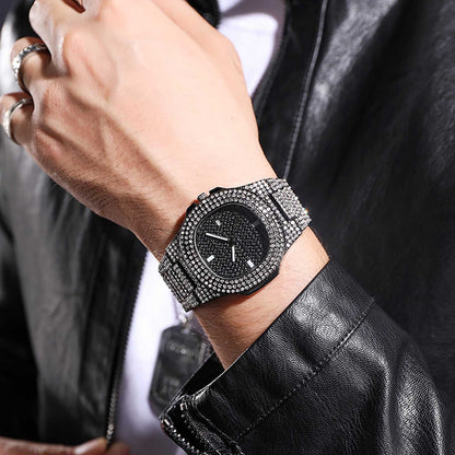 Hiphop Full Diamond Square Quartz Watch for Men Women Luxurious Stainless Steel Strap Rhinestone Studded Dial