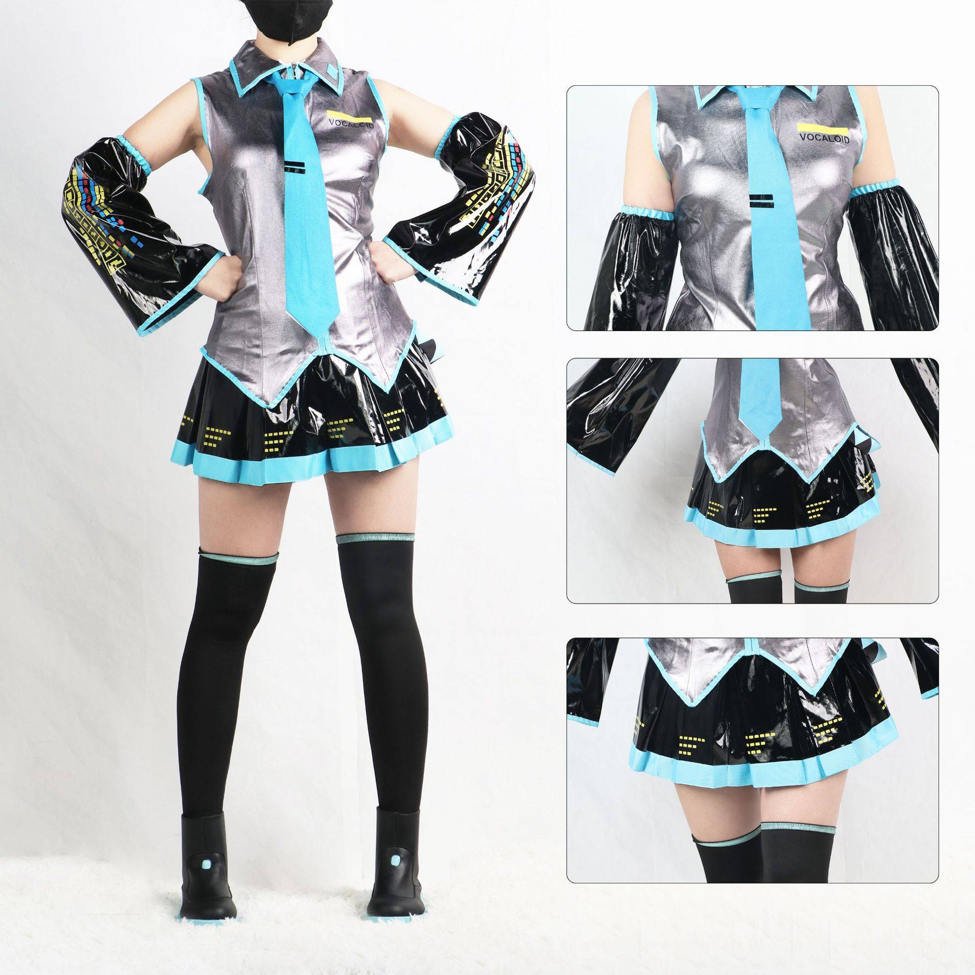 Miku Cosplay Costume Full Set Silver Leather Fabric Suit Miku Cosplay Headwear Costume Outfit JK Sailor Dress School Uniform