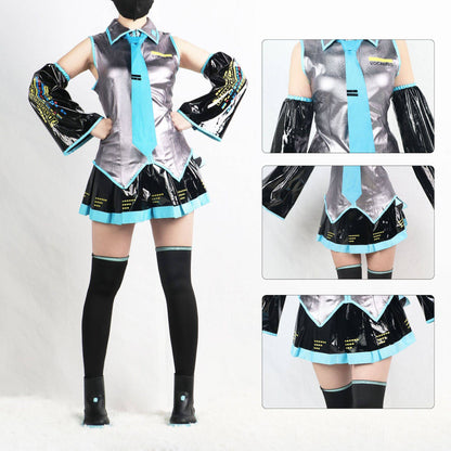 Miku Cosplay Costume Full Set Silver Leather Fabric Suit Miku Cosplay Headwear Costume Outfit JK Sailor Dress School Uniform