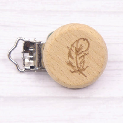 5pcs 30mm Laser Patern Metal Steel Round Beech Wood Clips Baby Teethers Toys Pacifier Chain Holder Making