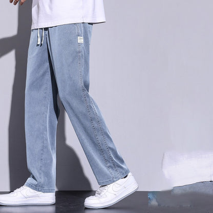 Calça Masculina de Verão Leve Fina Solta Reta Perna Larga Popular com Cordão na Cintura Elástica Coreana Tecido Lyocell Calças Folgadas