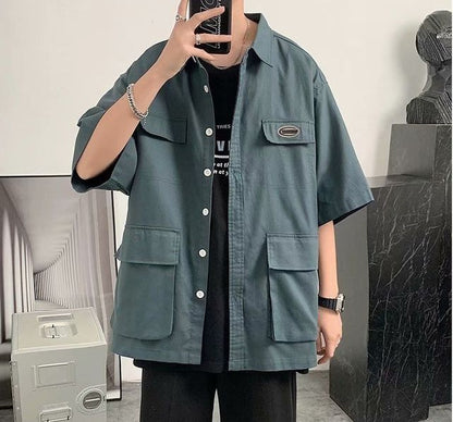 Shirts For Men With Pocket Cargo Man Shirt Loose Korean Style Casual Asia Cool Hipster Original Half Sleeve Fashion Collar I Xxl