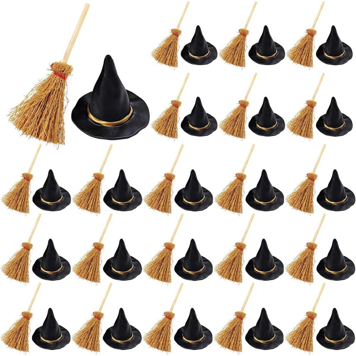 10-50Pcs Mini Witch Hat with Mini Broom Miniature Straw Brooms with Red Rope for Halloween Party Craft Witches Decor Accessory