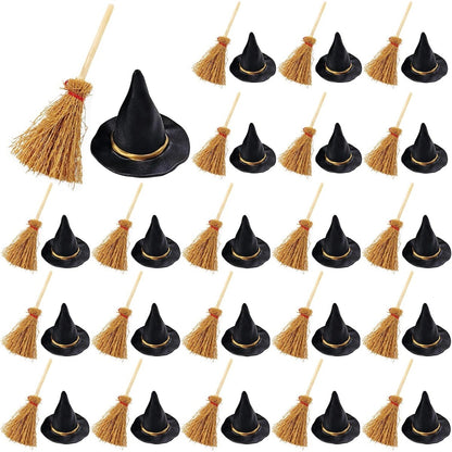 10-50Pcs Mini Witch Hat with Mini Broom Miniature Straw Brooms with Red Rope for Halloween Party Craft Witches Decor Accessory