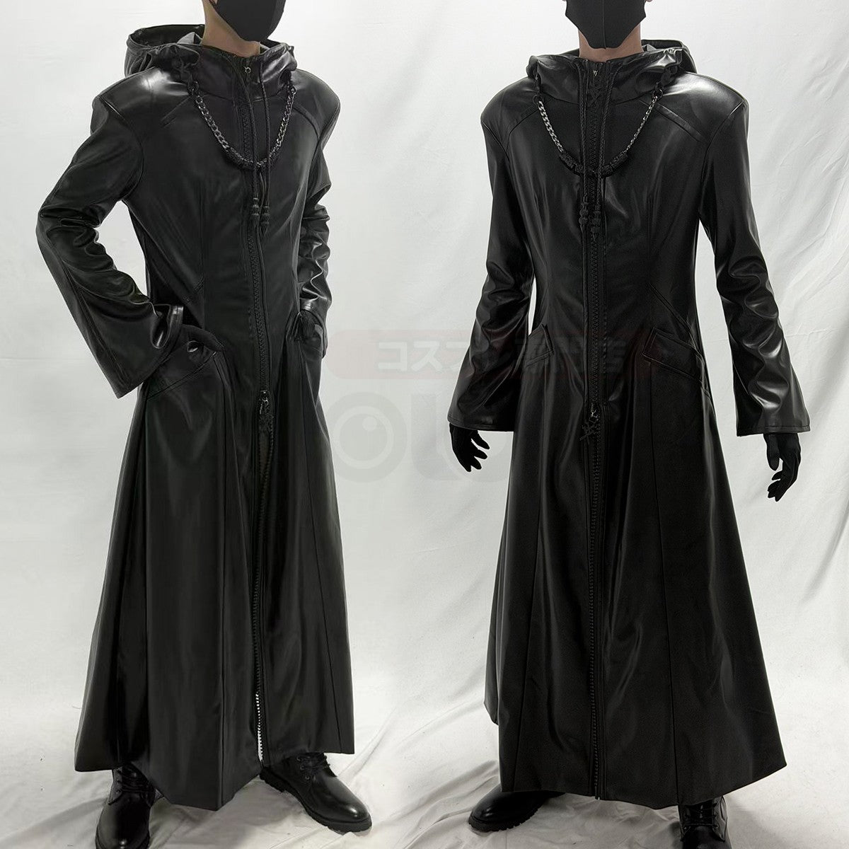 HOLOUN Organization XIII Cosplay Costume Game KH Convention Halloween Christmas Black Hooded Faux Leather Coat Necklace Gloves