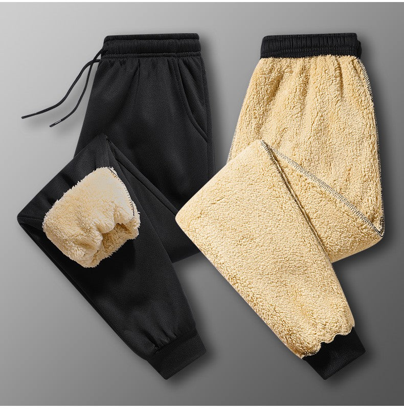 Calças masculinas para outono e inverno, forradas com lã para uso externo, calças casuais, calças de moletom esportivas quentes de lã de carneiro