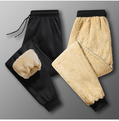 Calças masculinas para outono e inverno, forradas com lã para uso externo, calças casuais, calças de moletom esportivas quentes de lã de carneiro