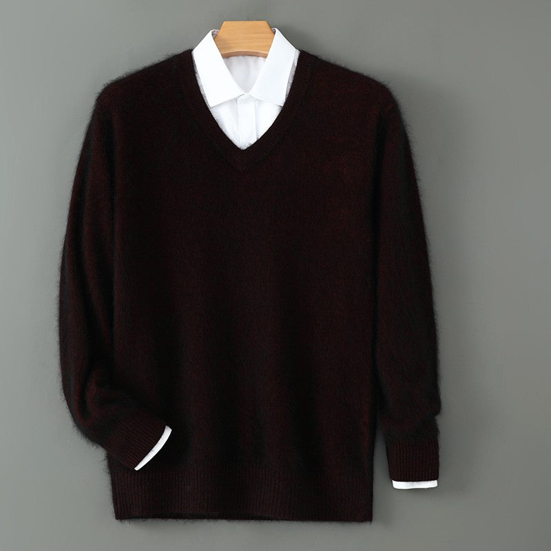 Autumn And Winter New Warm Pure Mink Cashmere Sweater Men's V-neck Pullover Thickened Plus Size Knitted Bottoming Shirt