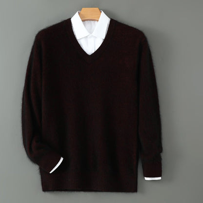 Autumn And Winter New Warm Pure Mink Cashmere Sweater Men's V-neck Pullover Thickened Plus Size Knitted Bottoming Shirt