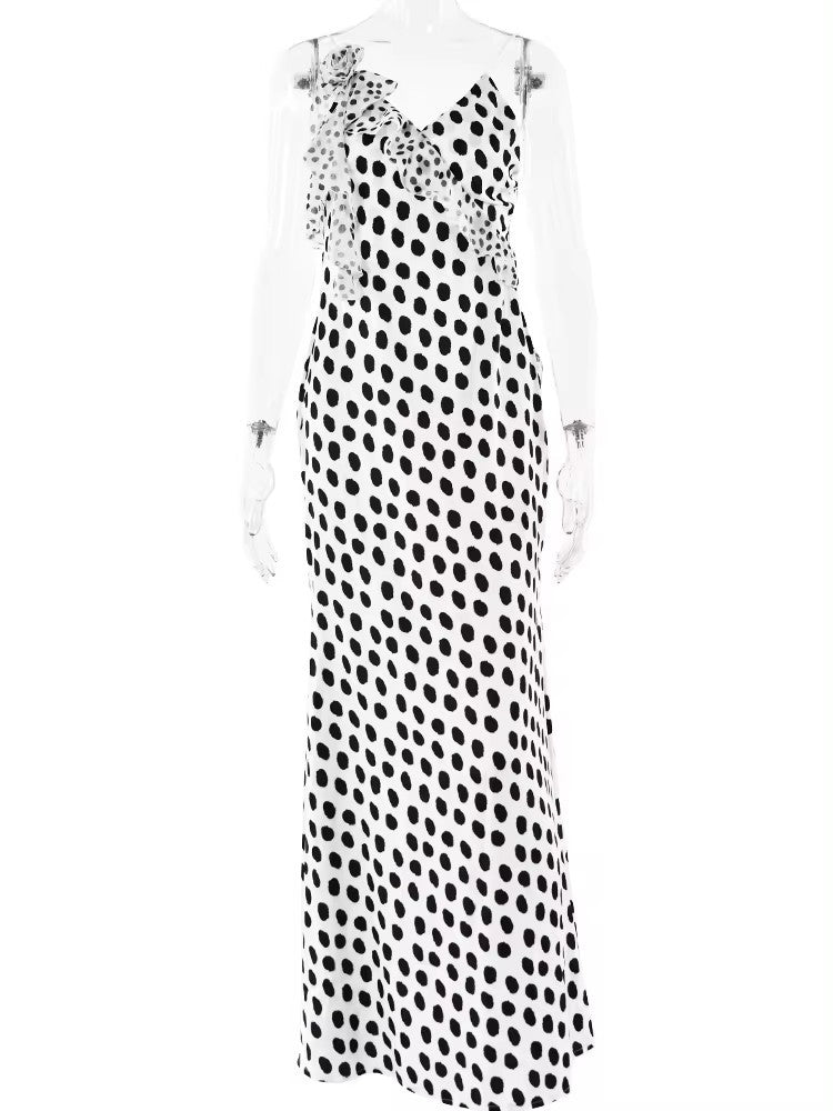 JULISSA MO Sexy Backless  Print Dots Flower Women Maxi Dress Spaghetti Strap Eve