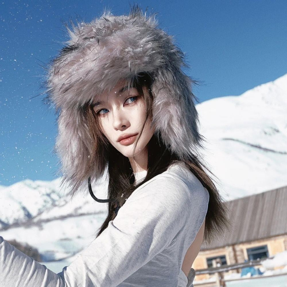 Gorro de inverno russo feminino com proteção de orelha de pele sintética, gorro corta-vento quente para senhoras, moda de luxo, chapéu de esqui de cor sólida com aba larga
