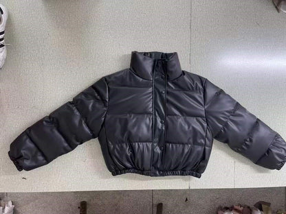 Winter Thick Warm Cropped Puffer Jacket Women Black PU Leather Parkas Elegant Zipper Coat Cotton Padded Punk Outwear 2023