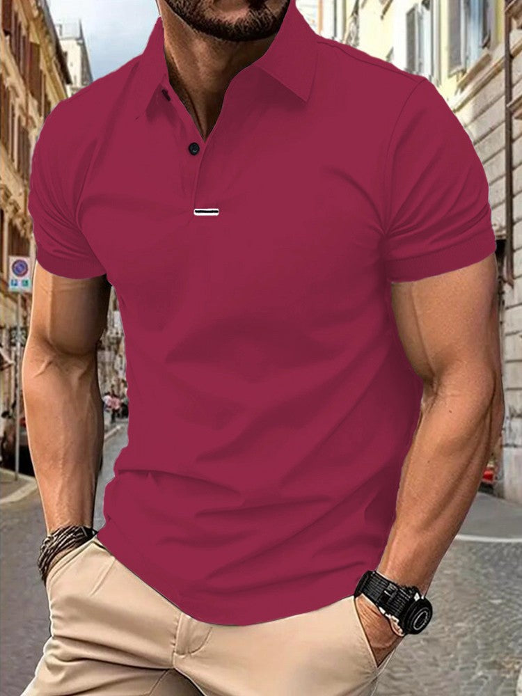 Men's solid color short-sleeved button-down lapel T-shirt casual top