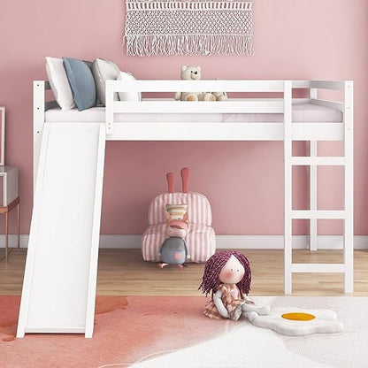 Cama Loft Completa com Escorregador, Cama Loft Baixa com Escada e Grade de Segurança, Estrutura de Cama Loft Completa de Madeira para Crianças, Adolescentes, Meninas e Meninos