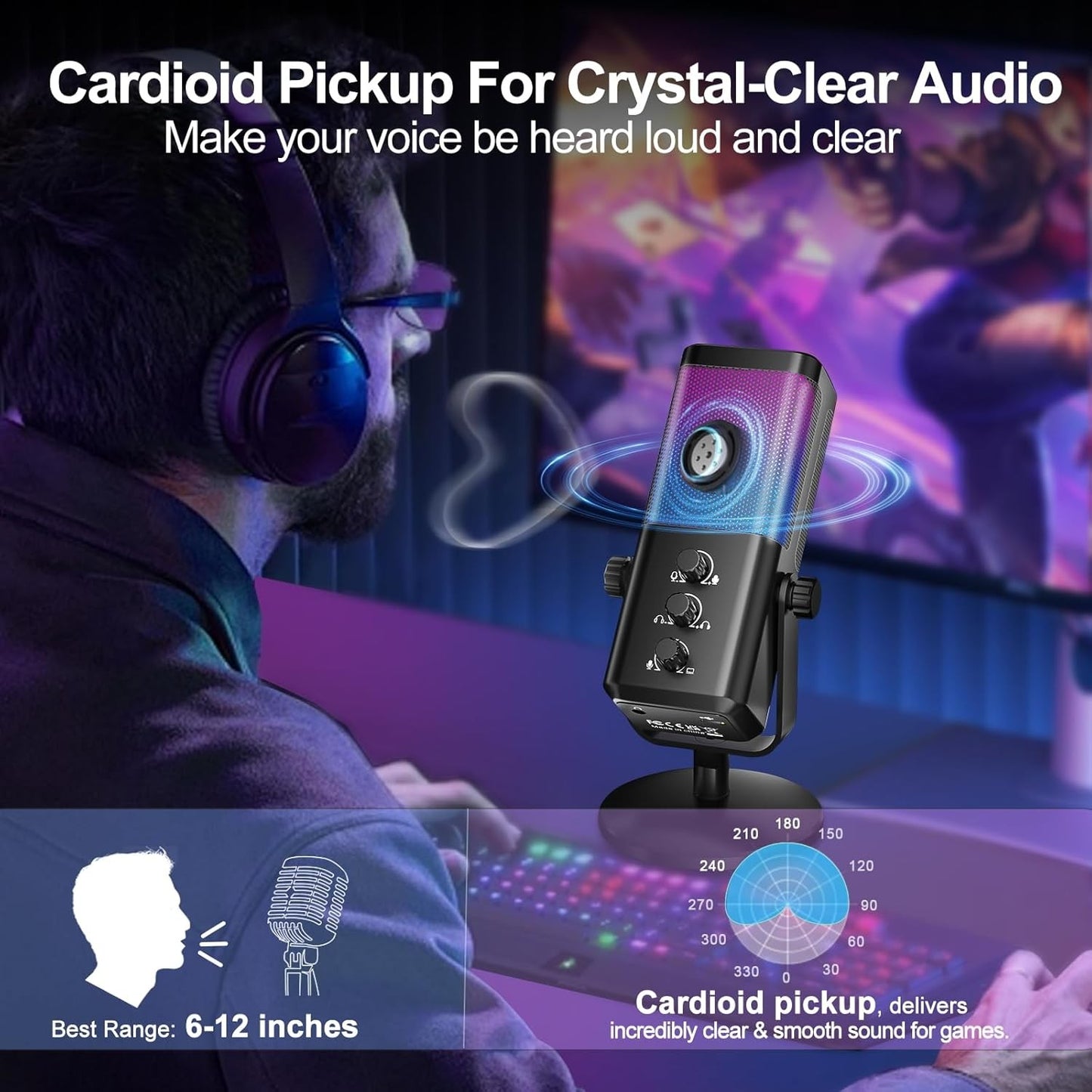 Microfone RGB Gamer com Equilíbrio de Voz no Jogo e Cancelamento de Ruído, Microfone Condensador USB de Estúdio para Streaming/Gravação/Discord