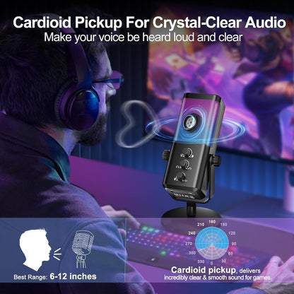 Microfone RGB Gamer com Equilíbrio de Voz no Jogo e Cancelamento de Ruído, Microfone Condensador USB de Estúdio para Streaming/Gravação/Discord
