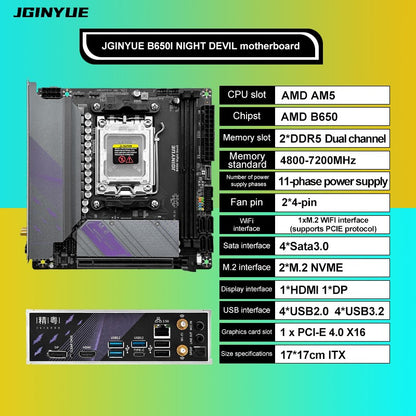 JGINYUE AM5 Motherboard supports AMD Ryzen 7000 series CPU processors DDR5 dual channel Memory RAM ITX B650i Night Devil