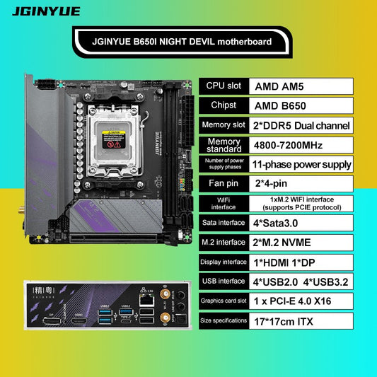 JGINYUE AM5 Motherboard supports AMD Ryzen 7000 series CPU processors DDR5 dual channel Memory RAM ITX B650i Night Devil