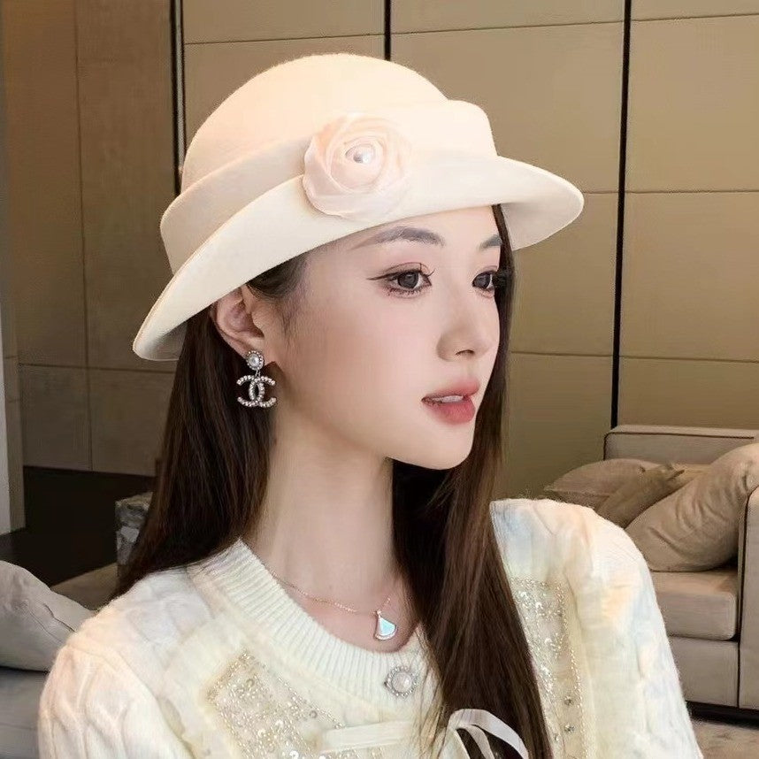 French light luxury Australian wool felt hat Hepburn style camellia flower small brim basin hat women elegant banquet top hat