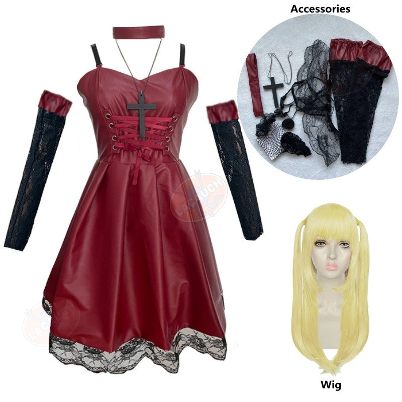 Death Note Cosplay Costume Misa Amane Imitation Leather Sexy Dress +Neck jewelry+stockings+necklace Uniform Outfit Halloween Wig
