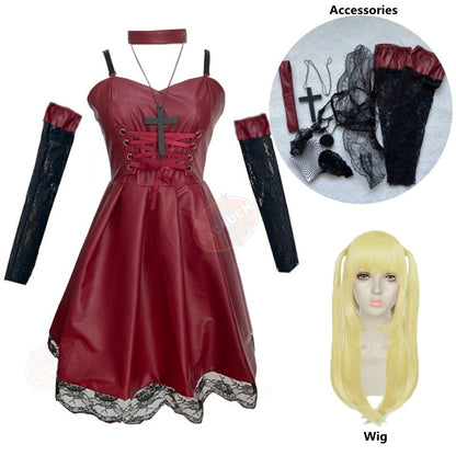 Death Note Cosplay Costume Misa Amane Imitation Leather Sexy Dress +Neck jewelry+stockings+necklace Uniform Outfit Halloween Wig