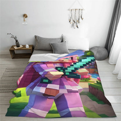 Cartoon Mines Pixel Game Crafts Flannel Blanket Super Warm Throw Blanket for Home Decor Decorative Street Trend Bedspread