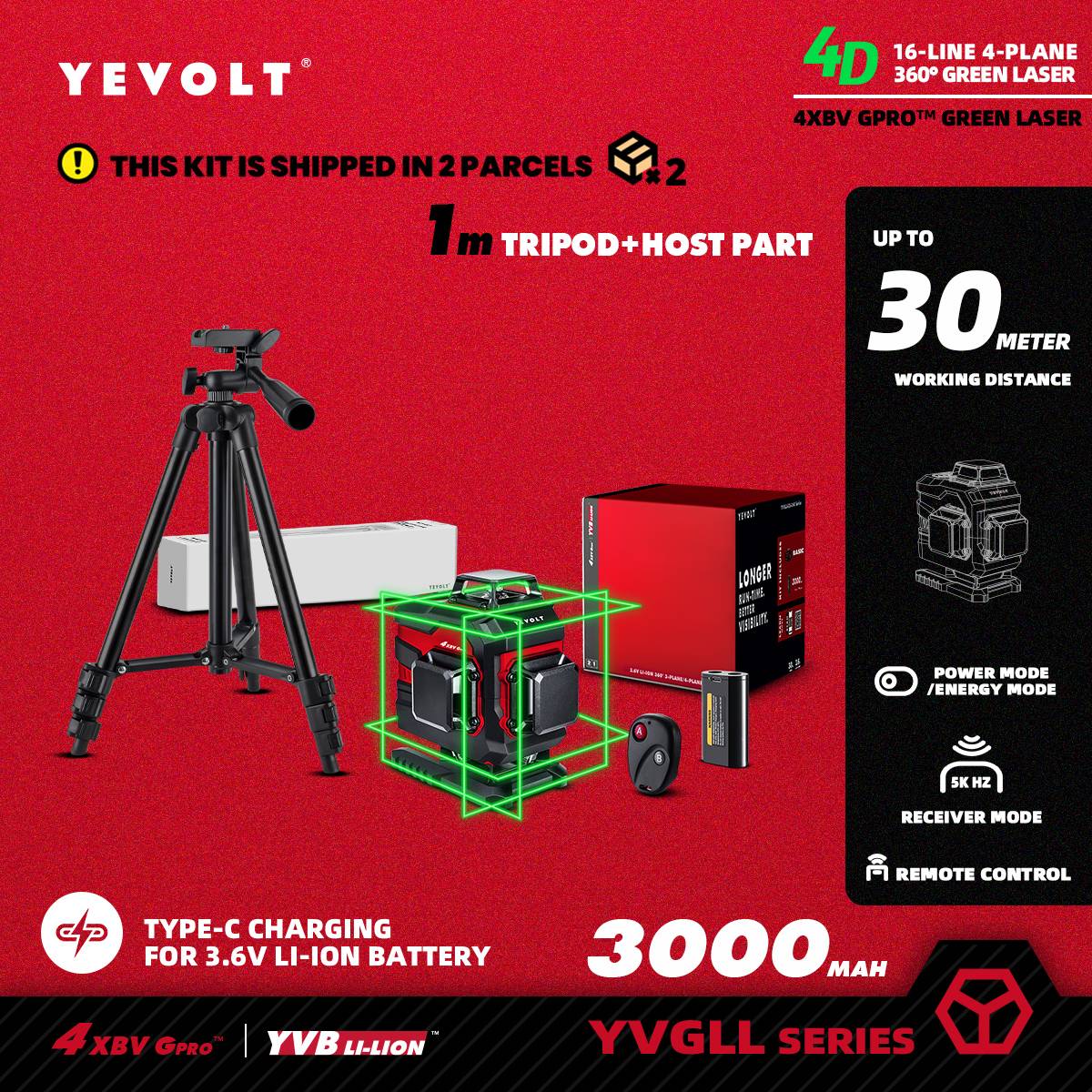 Nível a Laser Verde YEVOLT YVGLL4XS16 Series 4 Planos 16 Linhas Autonivelante 360 3D Ferramentas de Medição de Potência Horizontal e Vertical