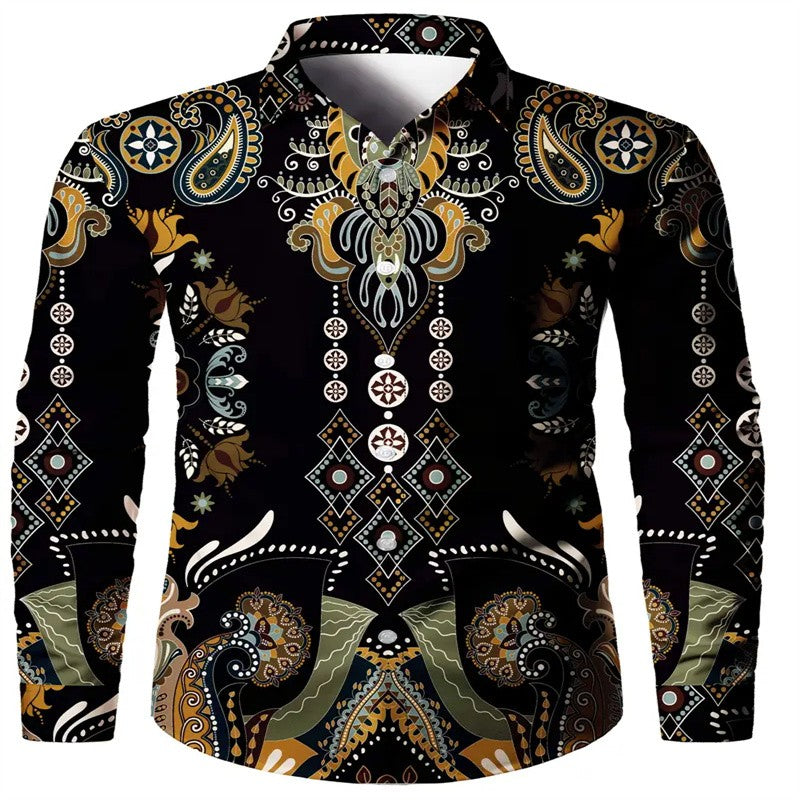 Men's black and red long sleeved shirt with fashionable Pegasus print button up shirt - long sleeved, lapel, non elastic fabric,
