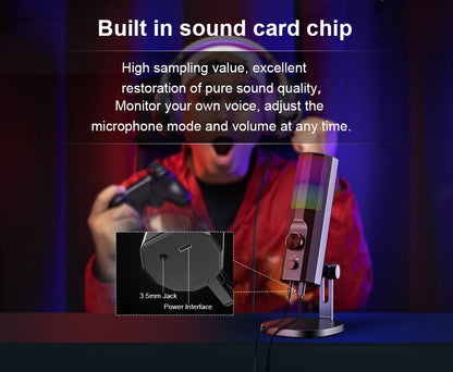 Microfone Condensador 3,5 mm com Cancelamento de Ruído ENC, Iluminação LED RGB, Compatível com PC/PS4/PS5/Mac/Android, Ideal para Stream