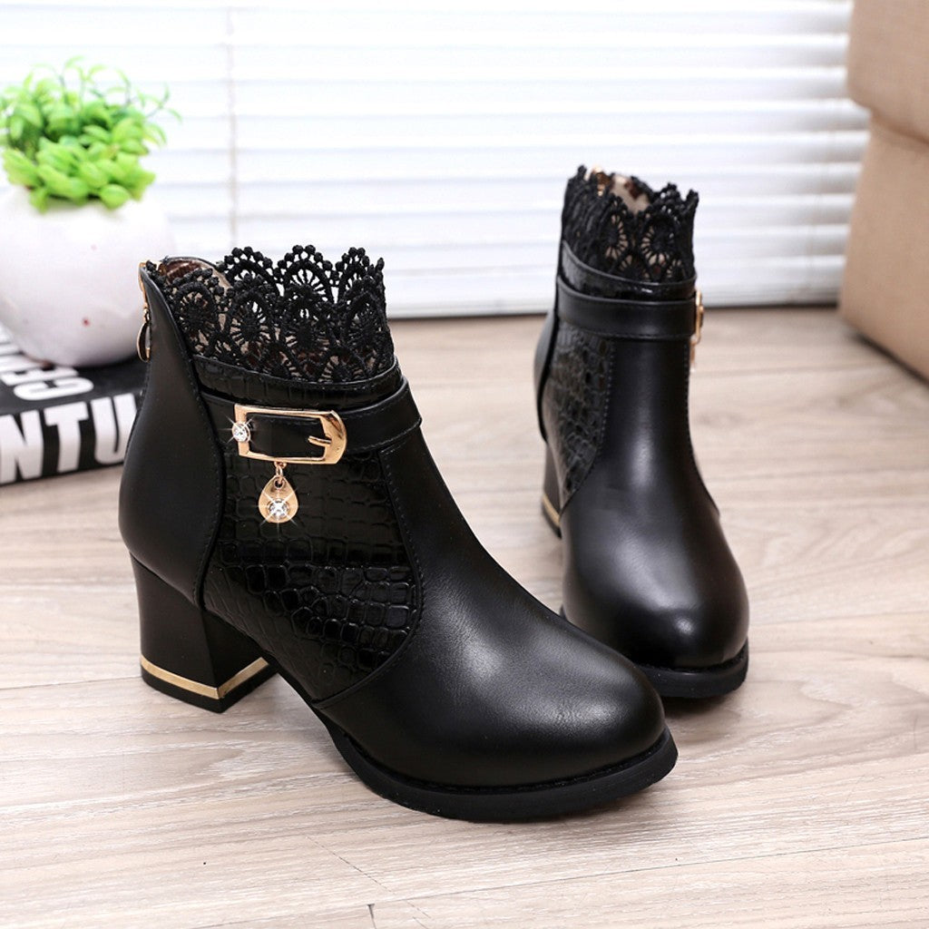 Women'S Ladies Boots Fall Winter Vintage Leather Lace Short Boots Shoes Women'S Fashion Lace Trim Boots Mid-Heeled Boots