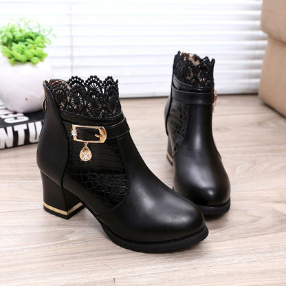 Women'S Ladies Boots Fall Winter Vintage Leather Lace Short Boots Shoes Women'S Fashion Lace Trim Boots Mid-Heeled Boots