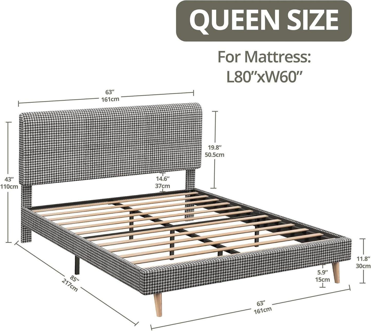 Cama Queen com Estrutura e Cabeceira, Base para Colchão Totalmente Estofada em Algodão, Suporte com Estrados de Madeira, Sem Ruído, Não Precisa de Box