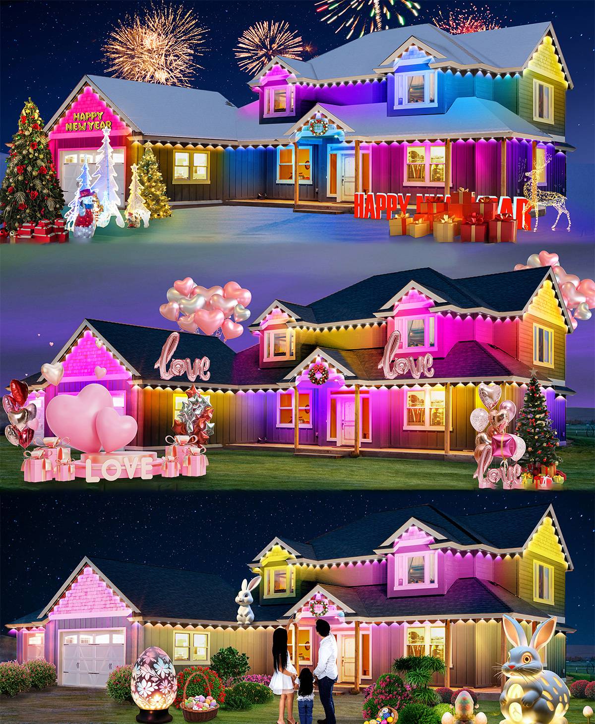 LED Permanent Outdoor Lights IP65 Waterproof RGBIC Eave Lights With Remote for Christmas New Year Roof DIY Holiday String Light
