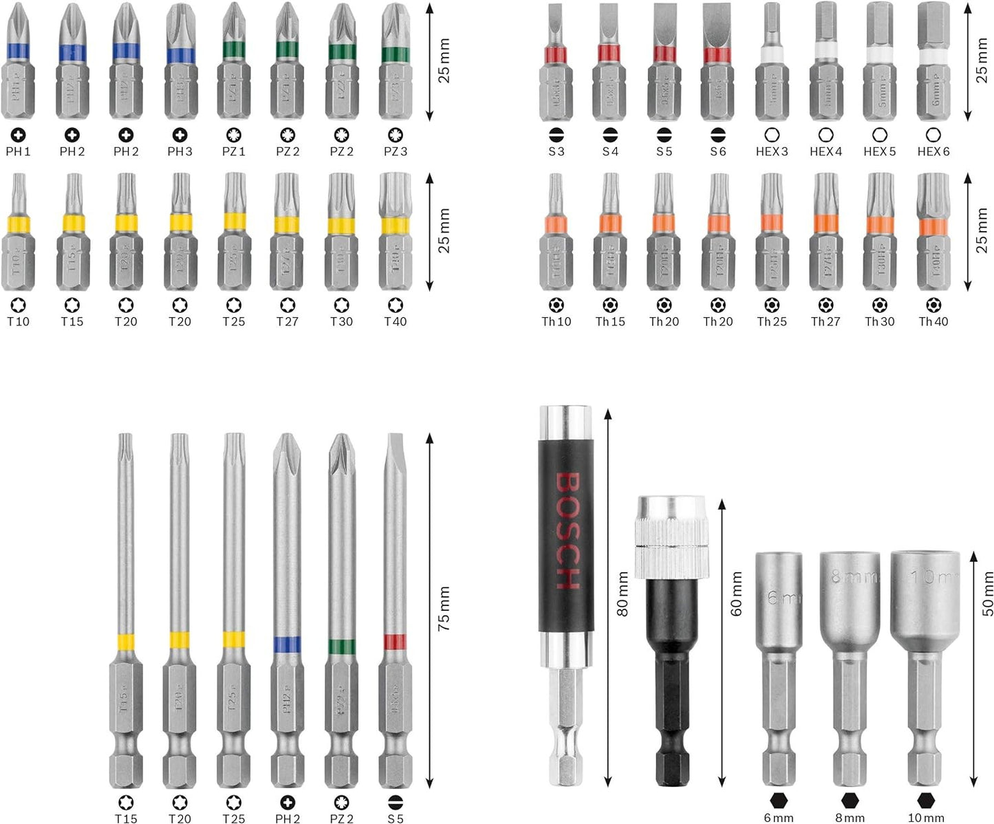 Kit Bosch 43 Peças de Pontas para Parafusadeira Broca de Mão de Alta Dureza Parafusos 25mm 75mm Pontas de Parafusadeira Elétrica para Conjunto de Ferramentas Elétricas