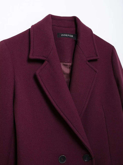 HH Women Fashion Burgundy Woolen Coat Double Breasted Long Sleeve Lapel Blends Jacket Autumn Winter High Street Outerwear